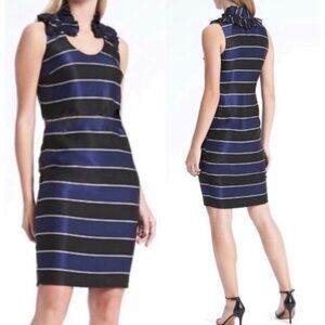 BANANA REPUBLIC Blue + Black Striped Ruffle Neck Mini-Length Shift Dress NWT 8P
